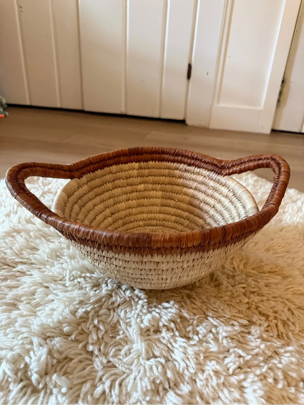 Handwoven Basket with Handles Round Brown Tan